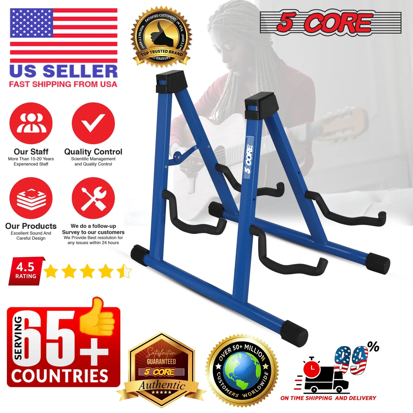 5Core Double Guitar Stand Floor Adjustable a Frame Folding Acoustic Electric Guitars Holder Stands