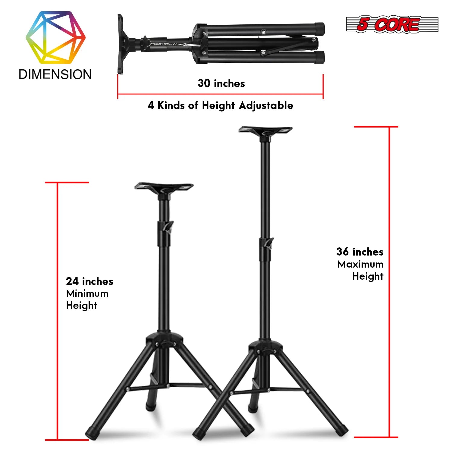 5Core Speaker Stand Tripod Short Adjustable 36 Inch DJ Pole Mount Studio Monitor Stands
