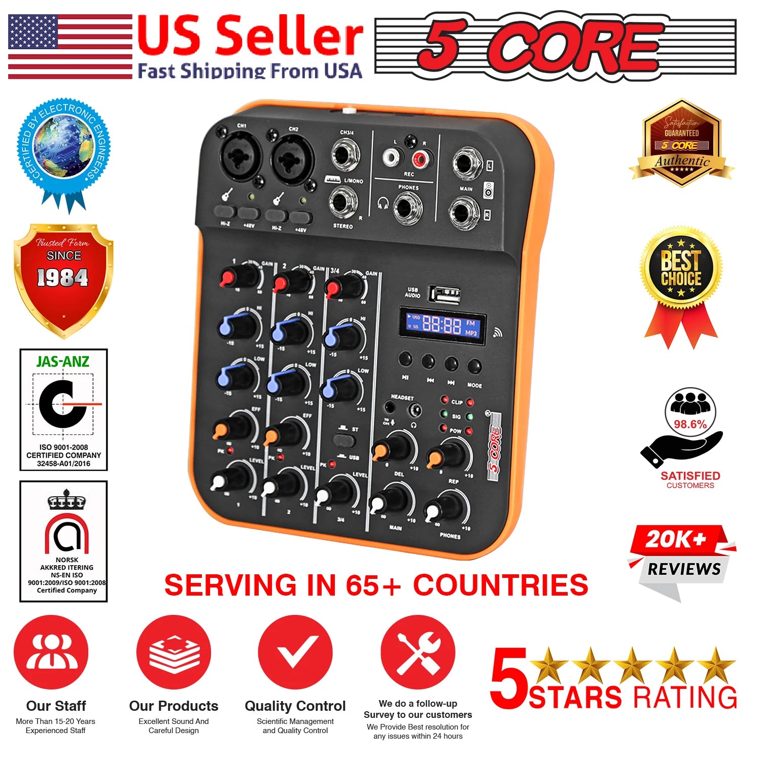5 Core Audio Mixer 4 Channel DJ Equipment with Bluetooth USB Sound Board Console