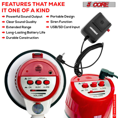 5Core Megaphone Bullhorn Speaker 40W Bull Horn Rechargeable Cheer Megafono 1000 Yards