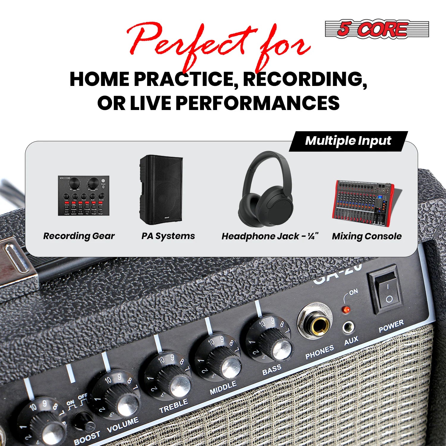 5 Core Guitar Amp 20W Electric Bass Acoustic Portable Amplifier Practice Amplificador