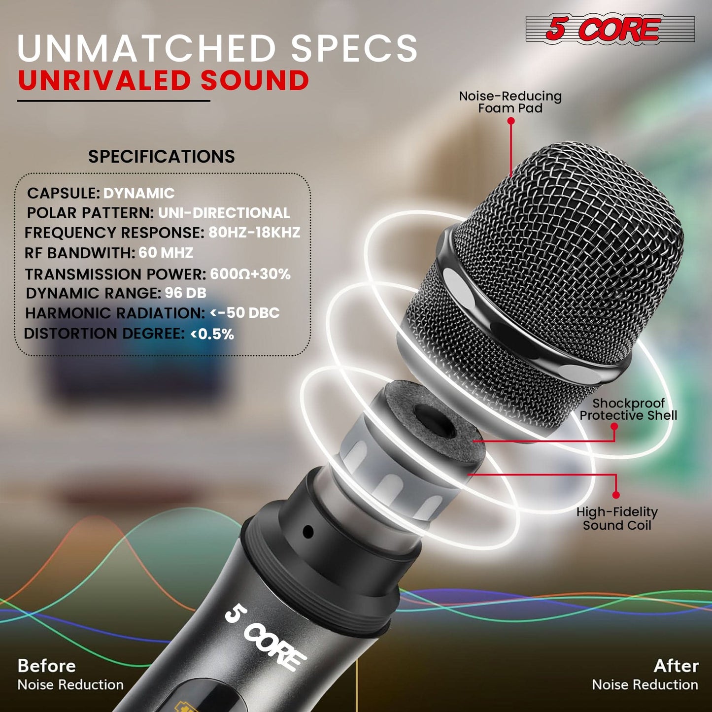 5Core Wireless Microphone Pair UHF Handheld Microfonos Inalambricos Cordless Mic RED + GRAY