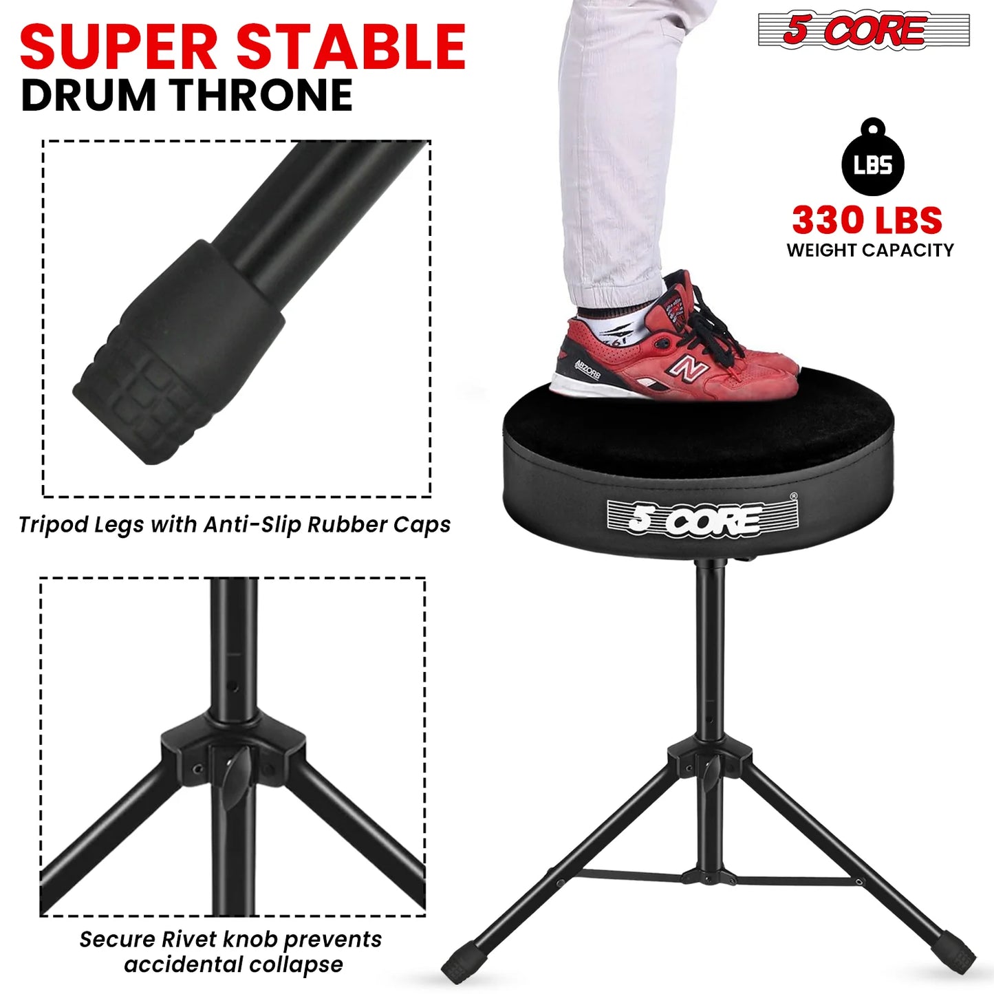 5Core Drum Throne Adjustable Guitar Stool 3" Padded Drummer Seat for Adults & Kids