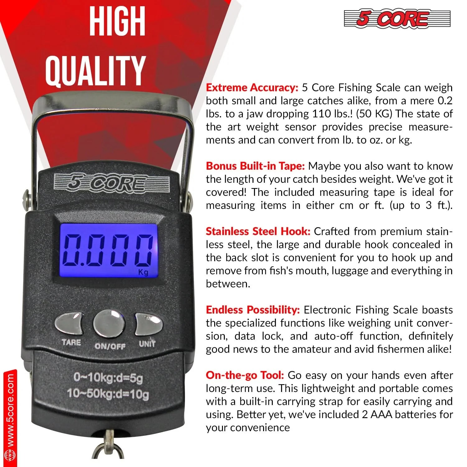 5Core Digital Fishing Scale 110Lb/50Kg Hanging Luggage Weighing Scales W Measuring Tape