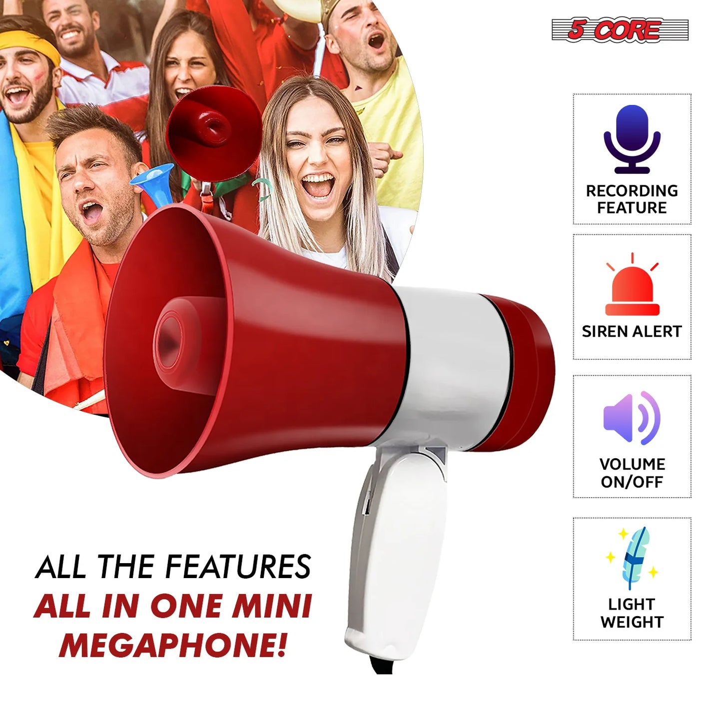5 Core Megaphone Bullhorn Speaker 30W Bull Horn Rechargeable Cheer Megafono 800 Yards