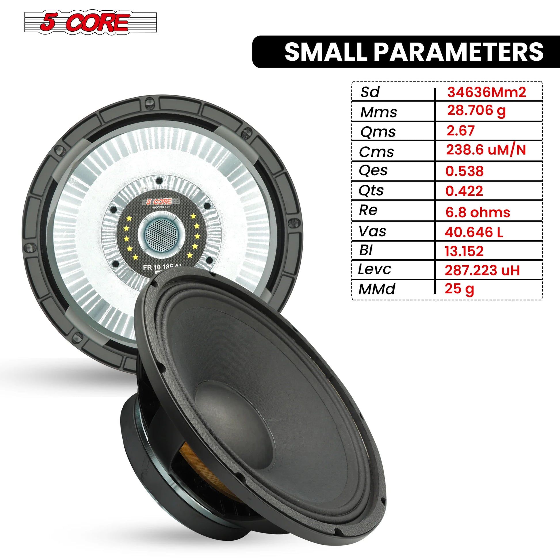 5 CORE 10 Inch Subwoofer Speaker 600W Max 4 Ohm Full Range Replacement DJ Bass Loudspeaker