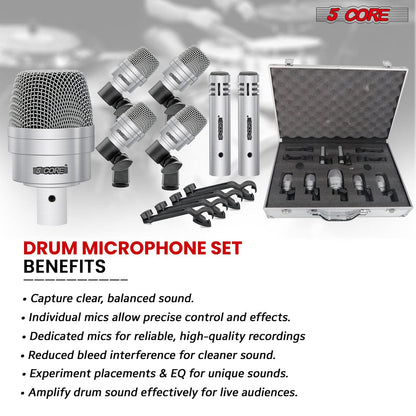 5Core Drum Mic Kit 7 Pcs Kick Basstom Snare Dynamic Microphone Instrument Mics Set Silver