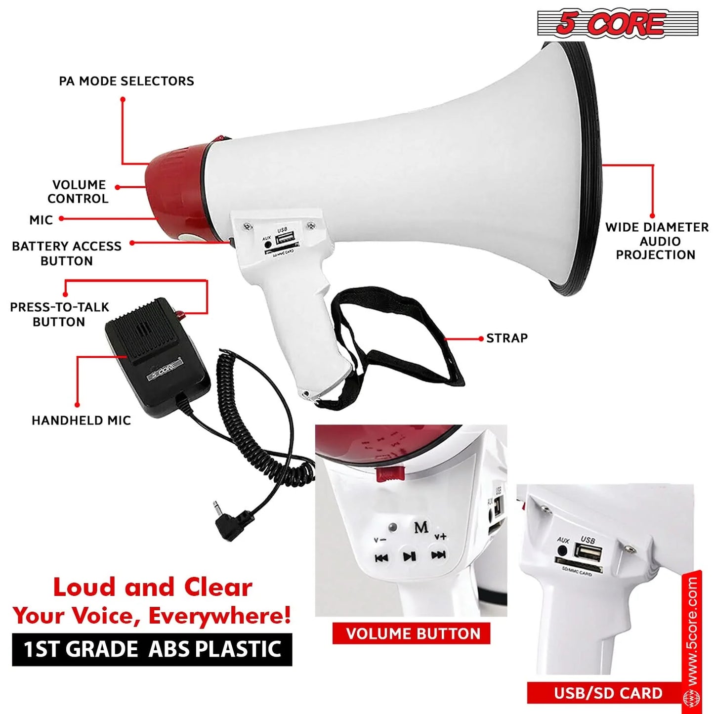 5Core Megaphone Bullhorn Speaker 50W Bull Horn Cheer Megafono 300 Meter
