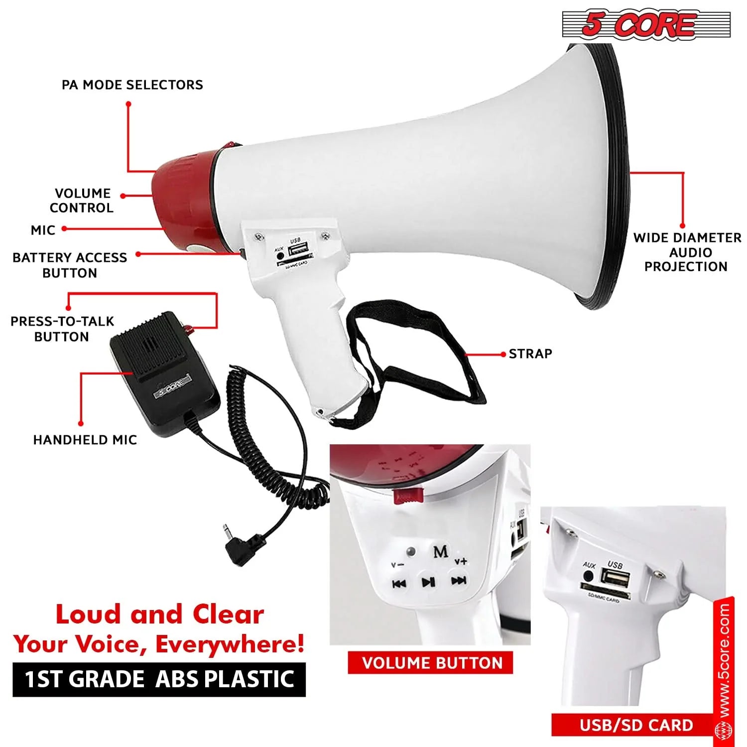 5Core Megaphone Bullhorn Speaker 50W Bull Horn Cheer Megafono 300 Meter