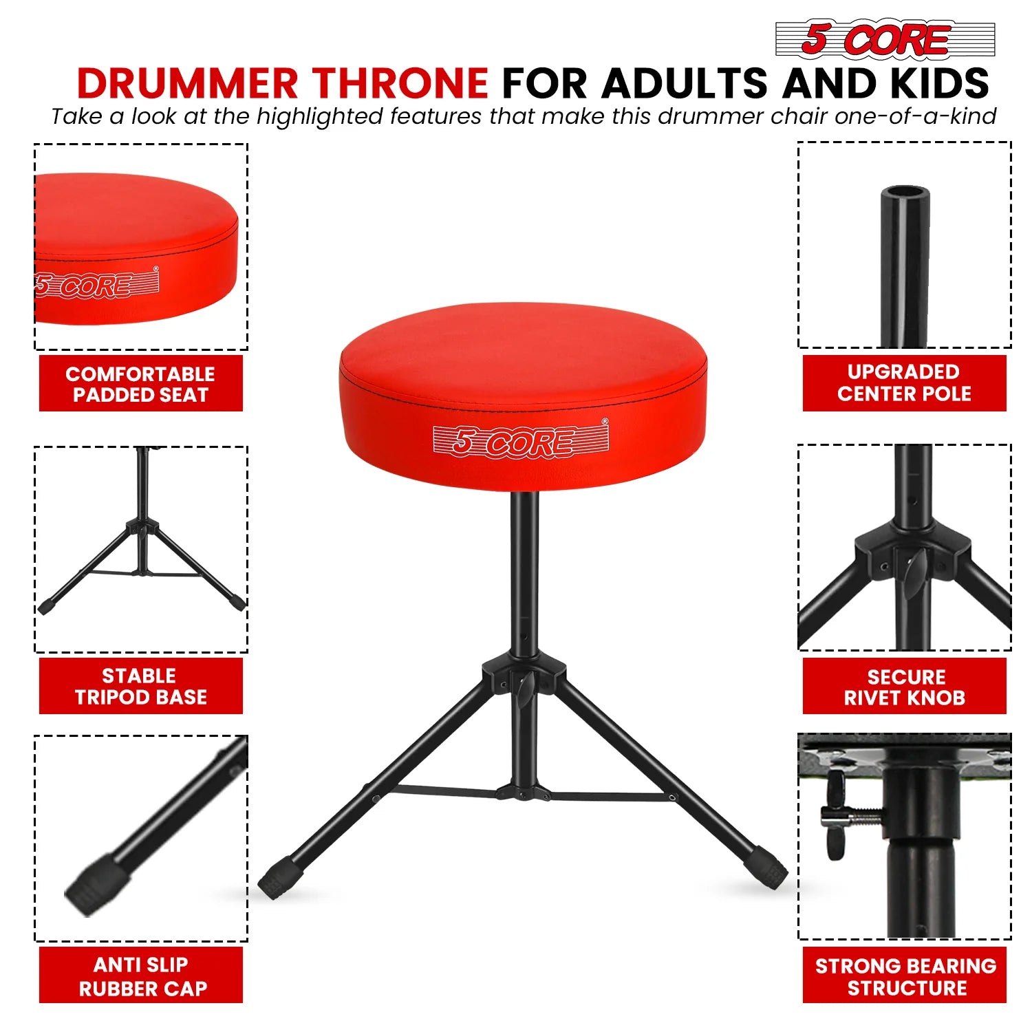 5Core Drum Throne Adjustable Guitar Stool 3" Padded Drummer Seat for Adults & Kids