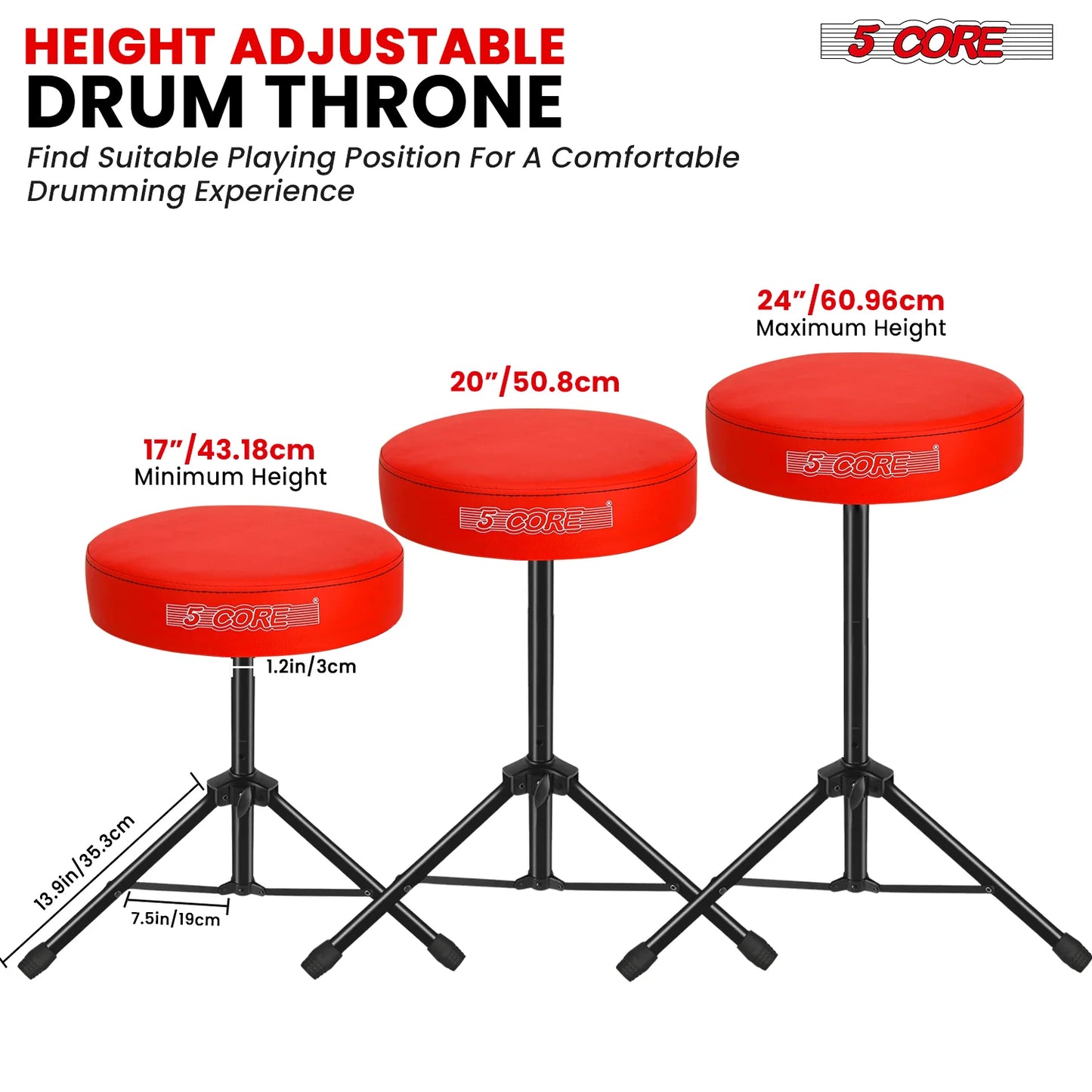 5Core Drum Throne Adjustable Guitar Stool 3" Padded Drummer Seat for Adults & Kids
