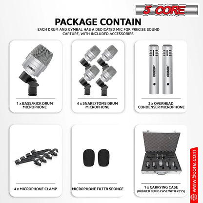 5Core Drum Mic Kit 7 Pcs Kick Basstom Snare Dynamic Microphone Instrument Mics Set Silver
