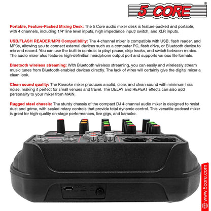 5 Core Audio Mixer 4 Channel DJ Equipment with Bluetooth USB Sound Board Console