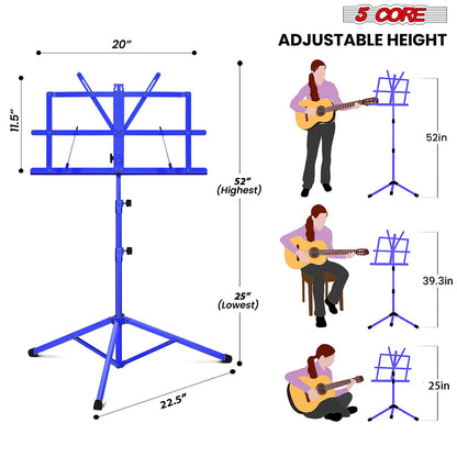 5Core Music Stand for Sheet Music Portable Tripod Adjustable Folding Note Holder BLUE