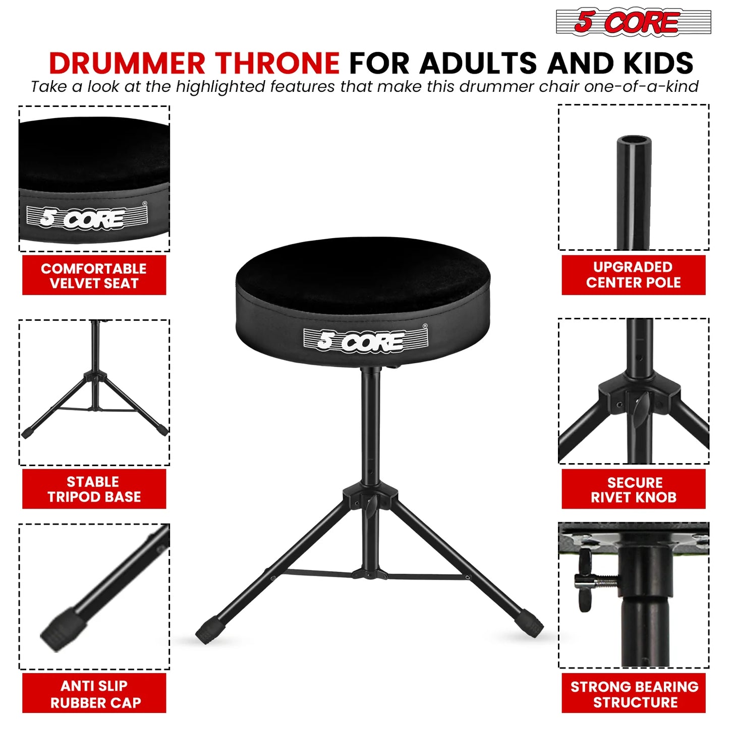 5Core Drum Throne Adjustable Guitar Stool 3" Padded Drummer Seat for Adults & Kids