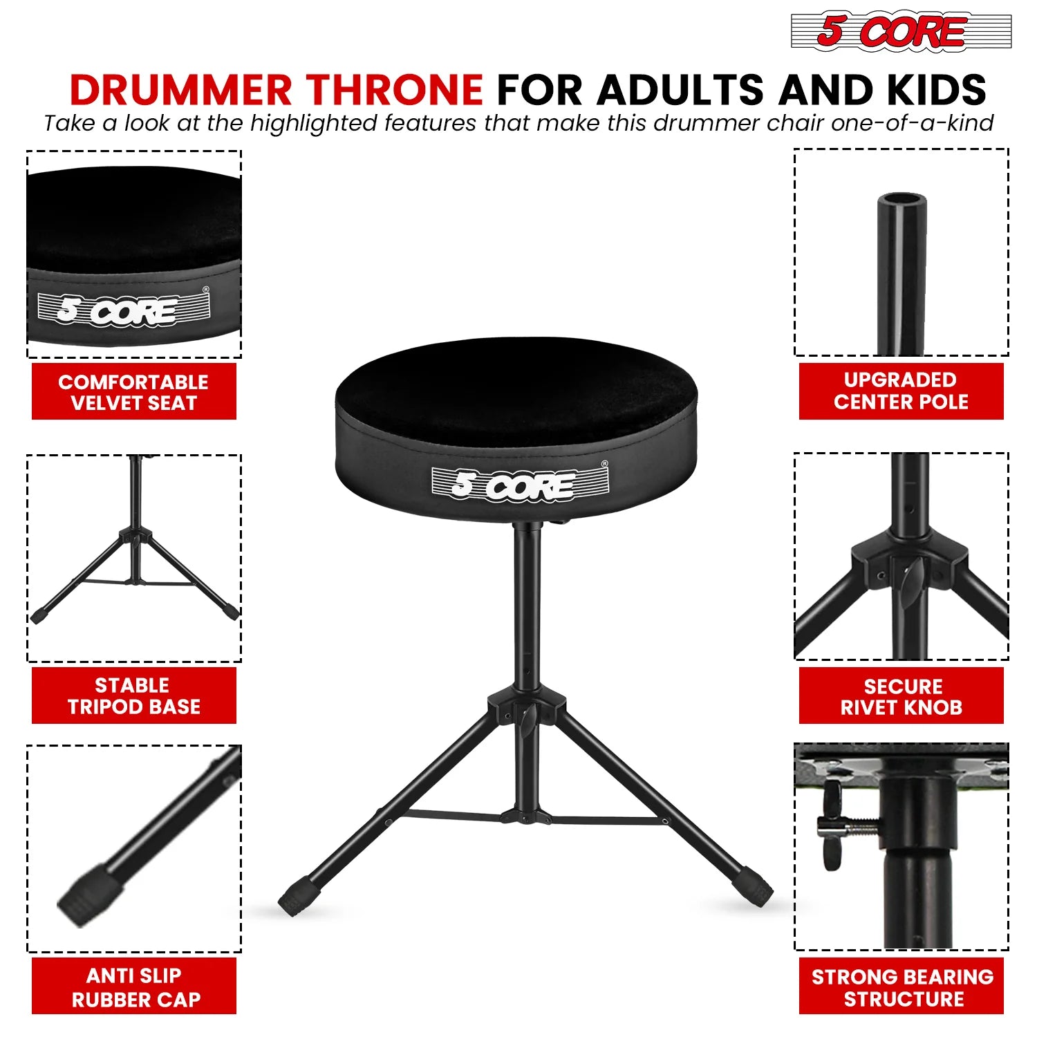 5Core Drum Throne Adjustable Guitar Stool 3" Padded Drummer Seat for Adults & Kids