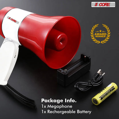 5 Core Megaphone Bullhorn Speaker 30W Bull Horn Rechargeable Cheer Megafono 800 Yards