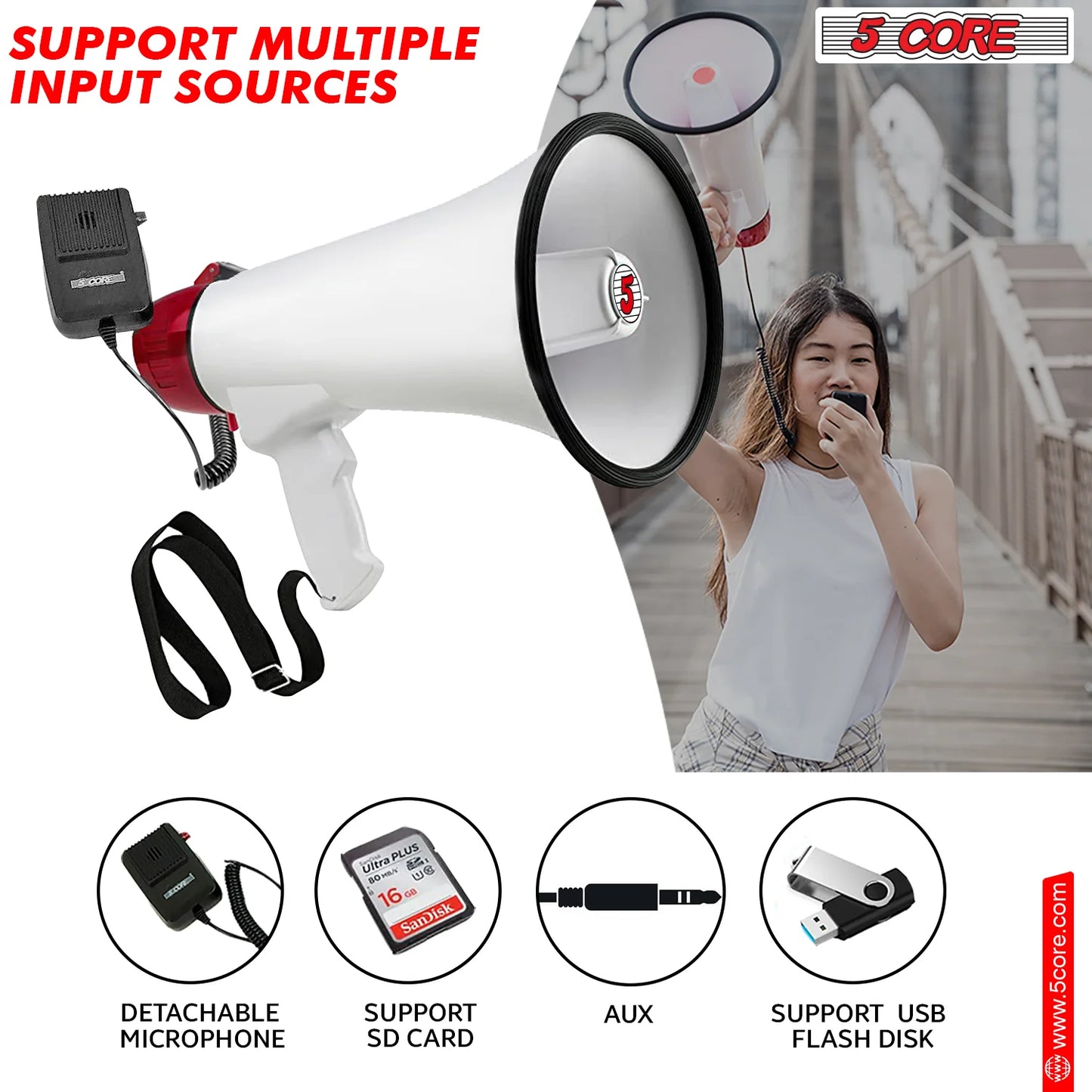 5Core Megaphone Bullhorn Speaker 40W Bull Horn Rechargeable Cheer Megafono 1000 Yards