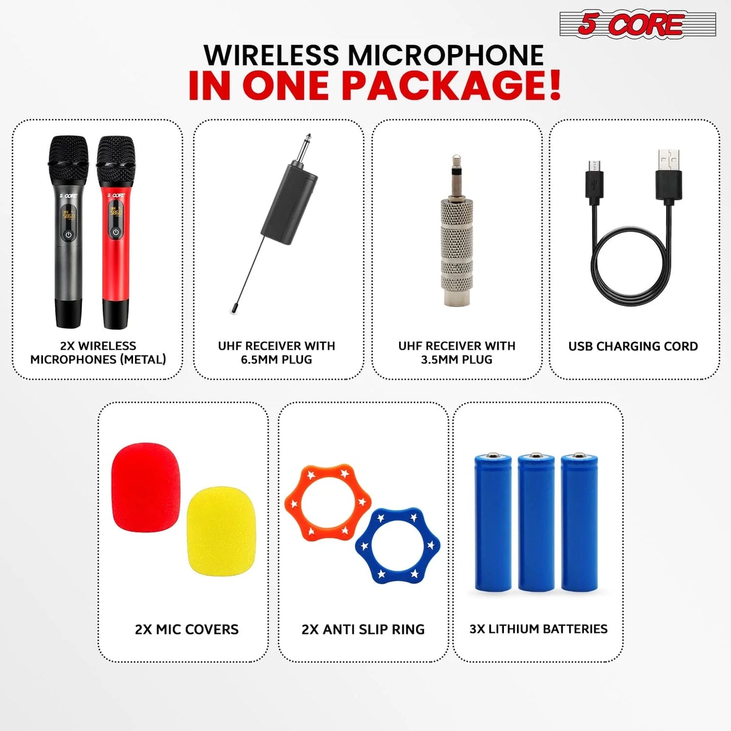 5Core Wireless Microphone Pair UHF Handheld Microfonos Inalambricos Cordless Mic RED + GRAY