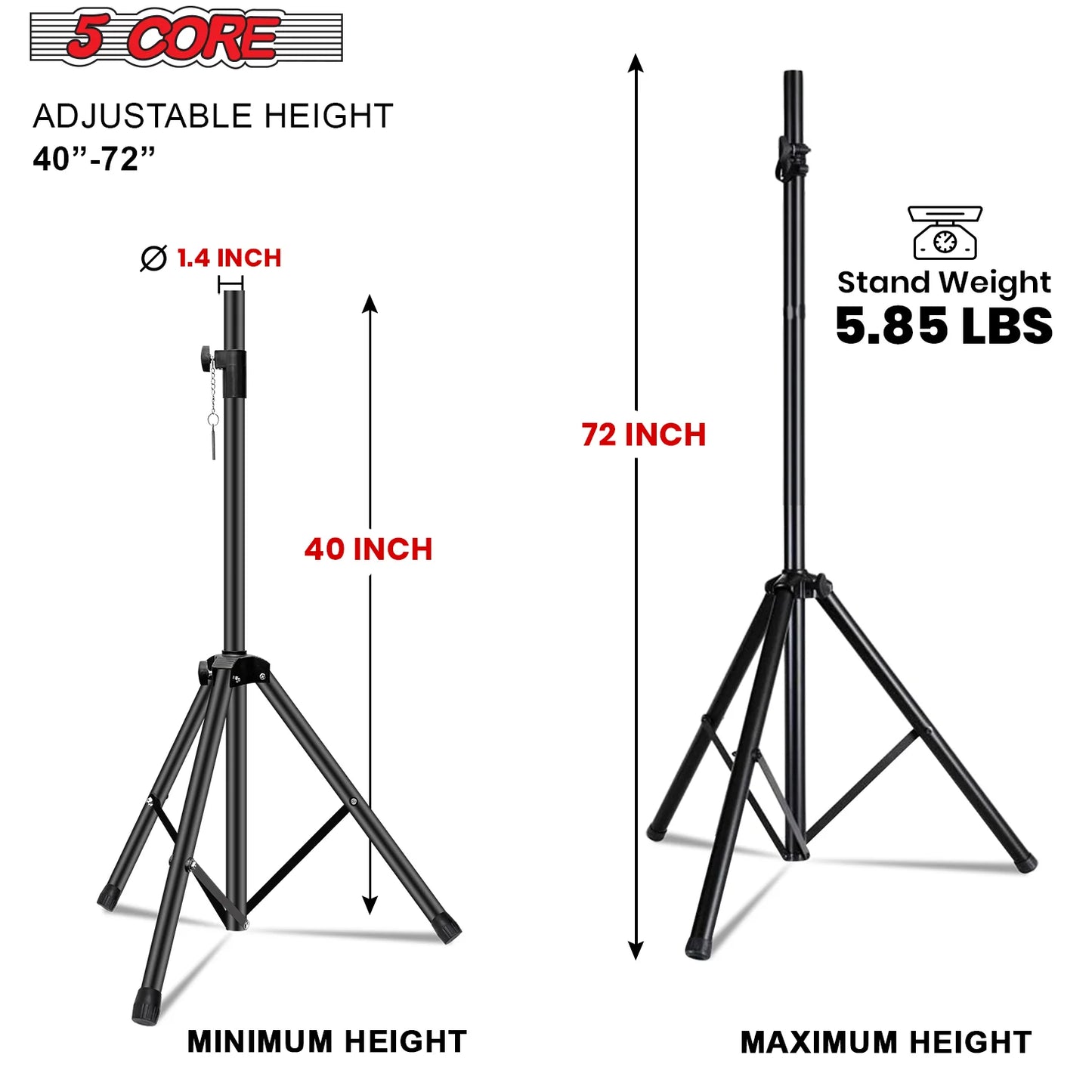 5 Core Speaker Stand Tripod Heavy Duty Adjustable up to 72 Inch DJ Studio Monitor Stands Pole Mount Black