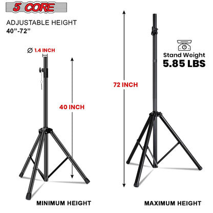 5 Core Speaker Stand Tripod Heavy Duty Adjustable up to 72 Inch DJ Studio Monitor Stands Pole Mount Black