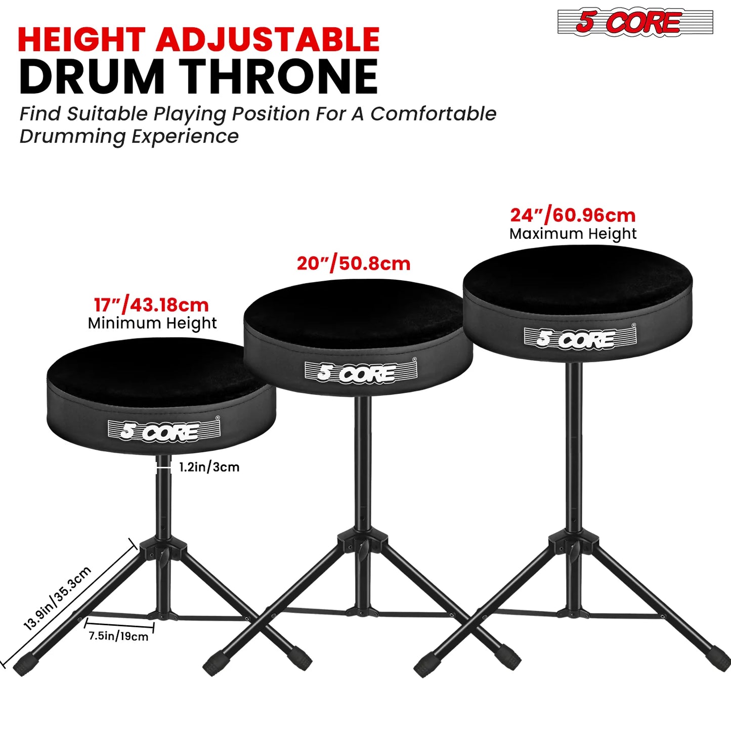 5Core Drum Throne Adjustable Guitar Stool 3" Padded Drummer Seat for Adults & Kids