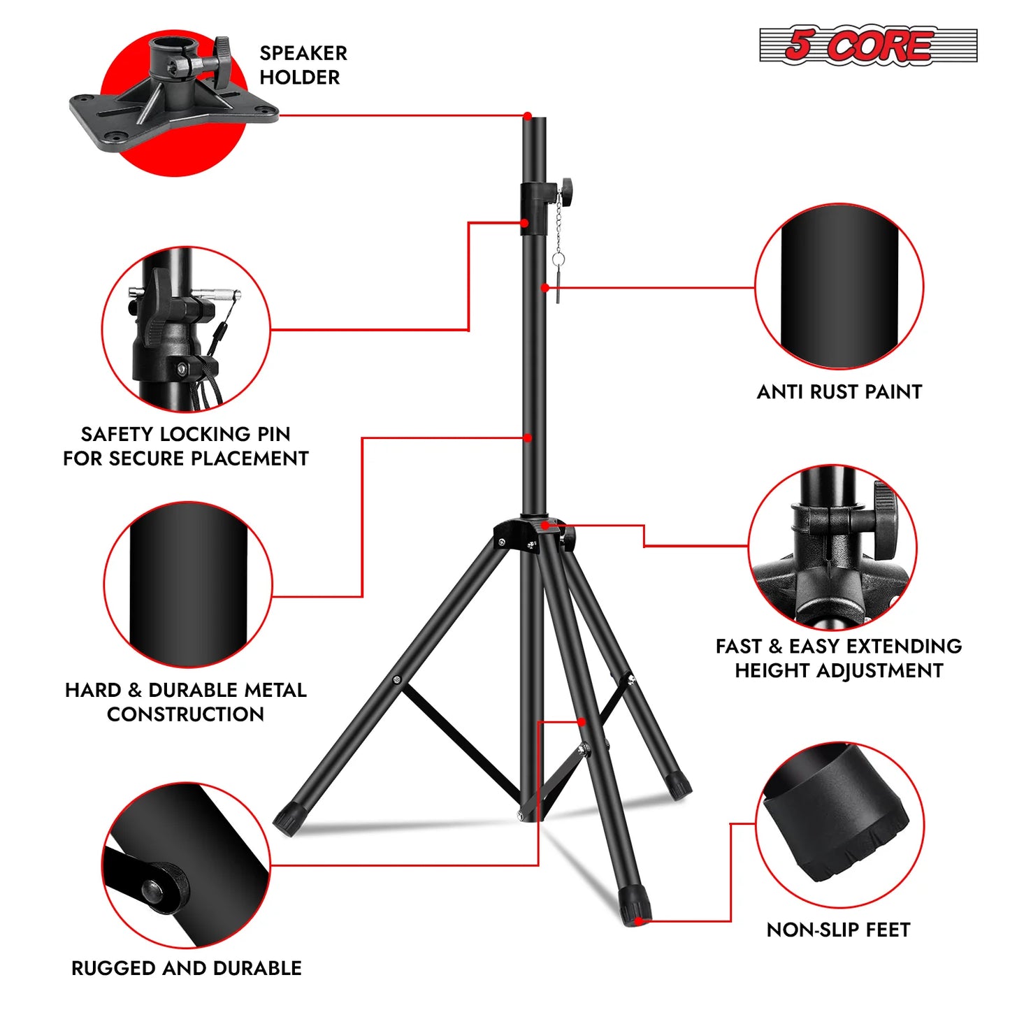 5 Core Speaker Stand Tripod Heavy Duty Adjustable up to 72 Inch DJ Studio Monitor Stands Pole Mount Black