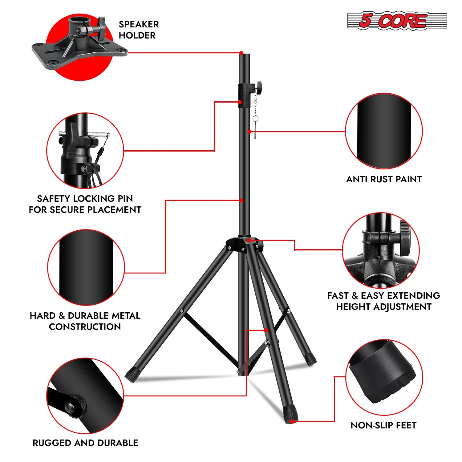 5 Core Speaker Stand Tripod Heavy Duty Adjustable up to 72 Inch DJ Studio Monitor Stands Pole Mount Black