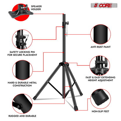 5 Core Speaker Stand Tripod Heavy Duty Adjustable up to 72 Inch DJ Studio Monitor Stands Pole Mount Black