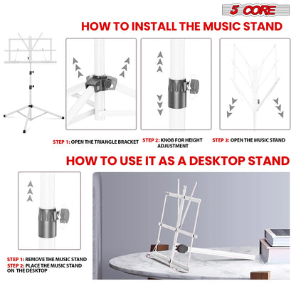 5Core Music Stand for Sheet Music Portable Tripod Adjustable Folding Note Holder WHITE