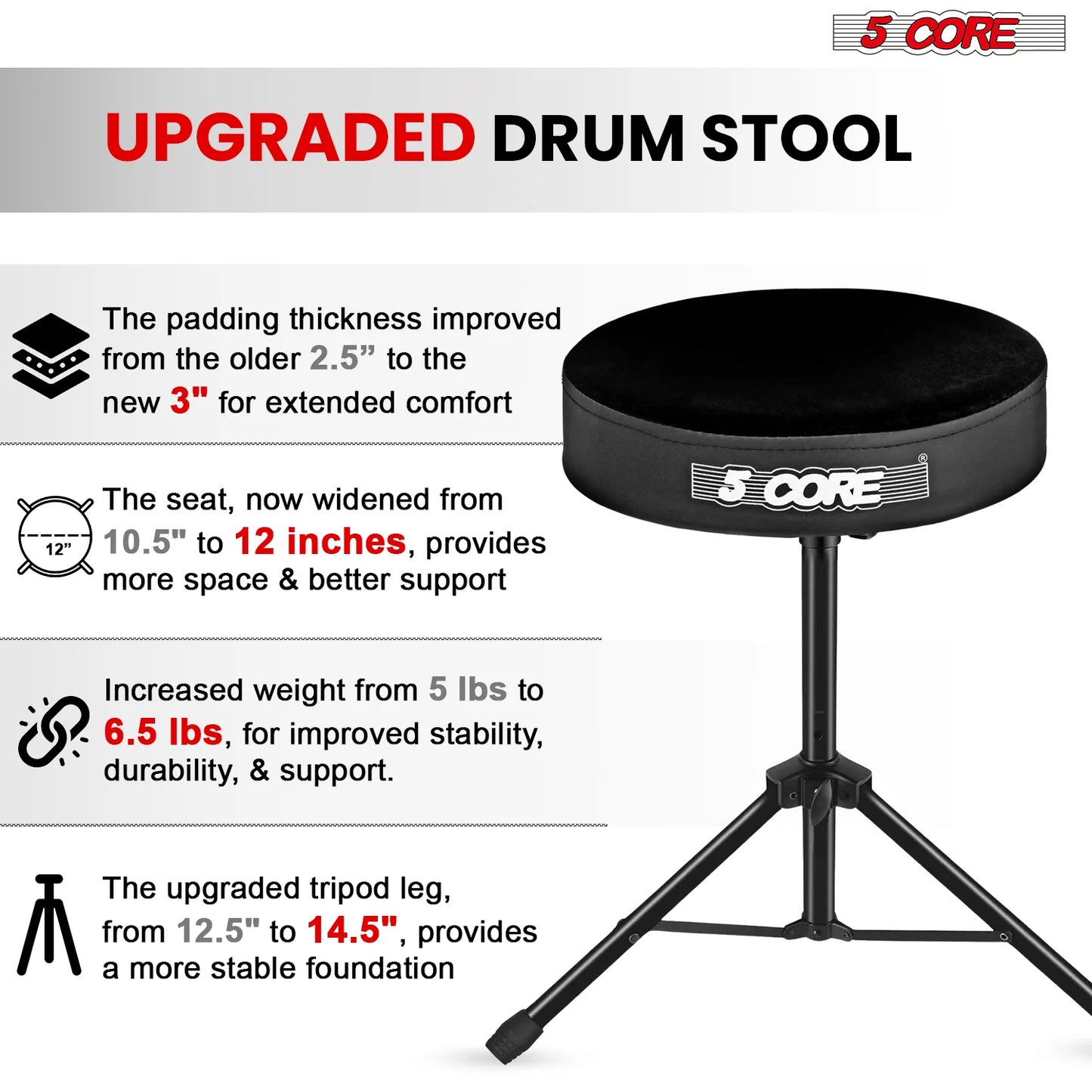 5Core Drum Throne Adjustable Guitar Stool 3" Padded Drummer Seat for Adults & Kids