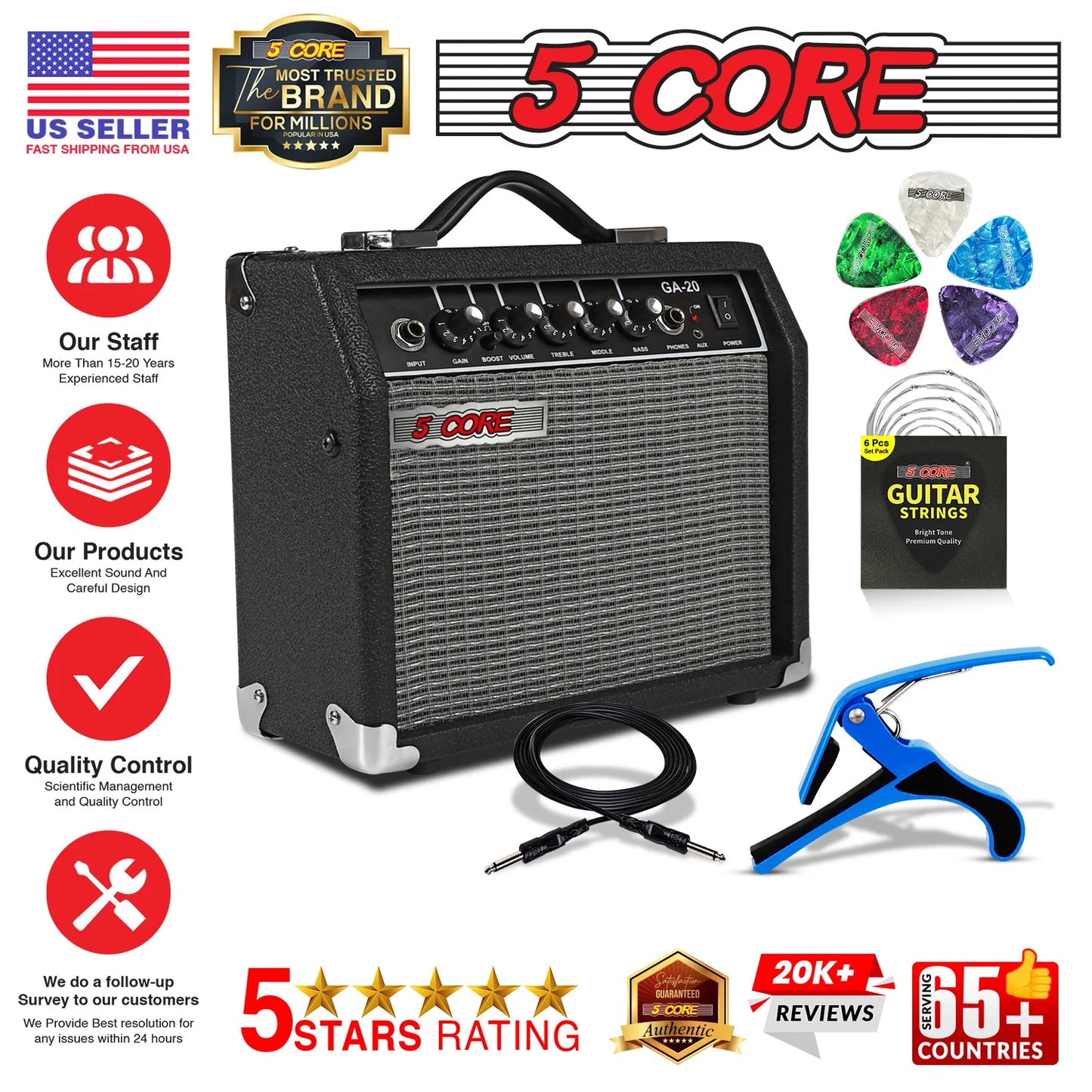 5 Core Guitar Amp 20W Electric Bass Acoustic Portable Amplifier Practice Amplificador