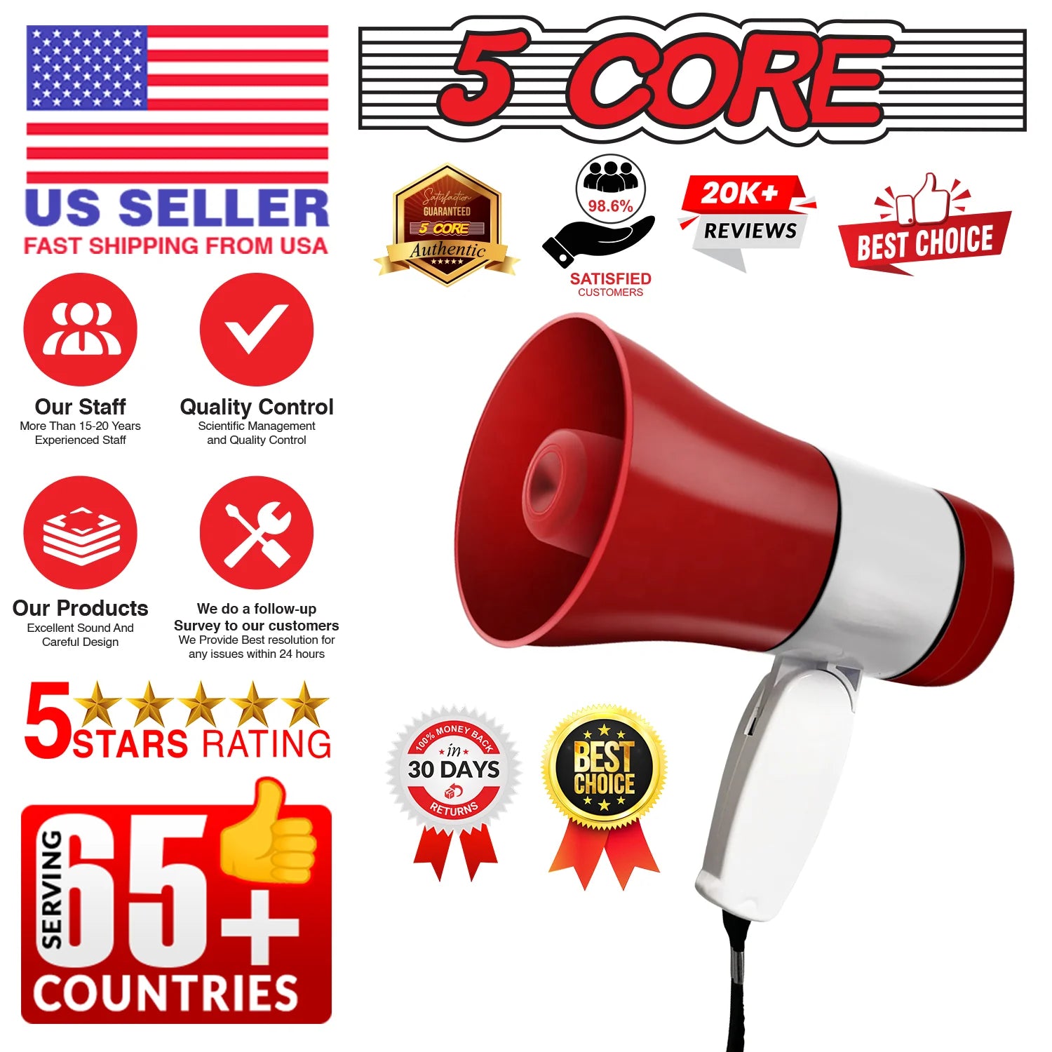 5 Core Megaphone Bullhorn Speaker 30W Bull Horn Rechargeable Cheer Megafono 800 Yards