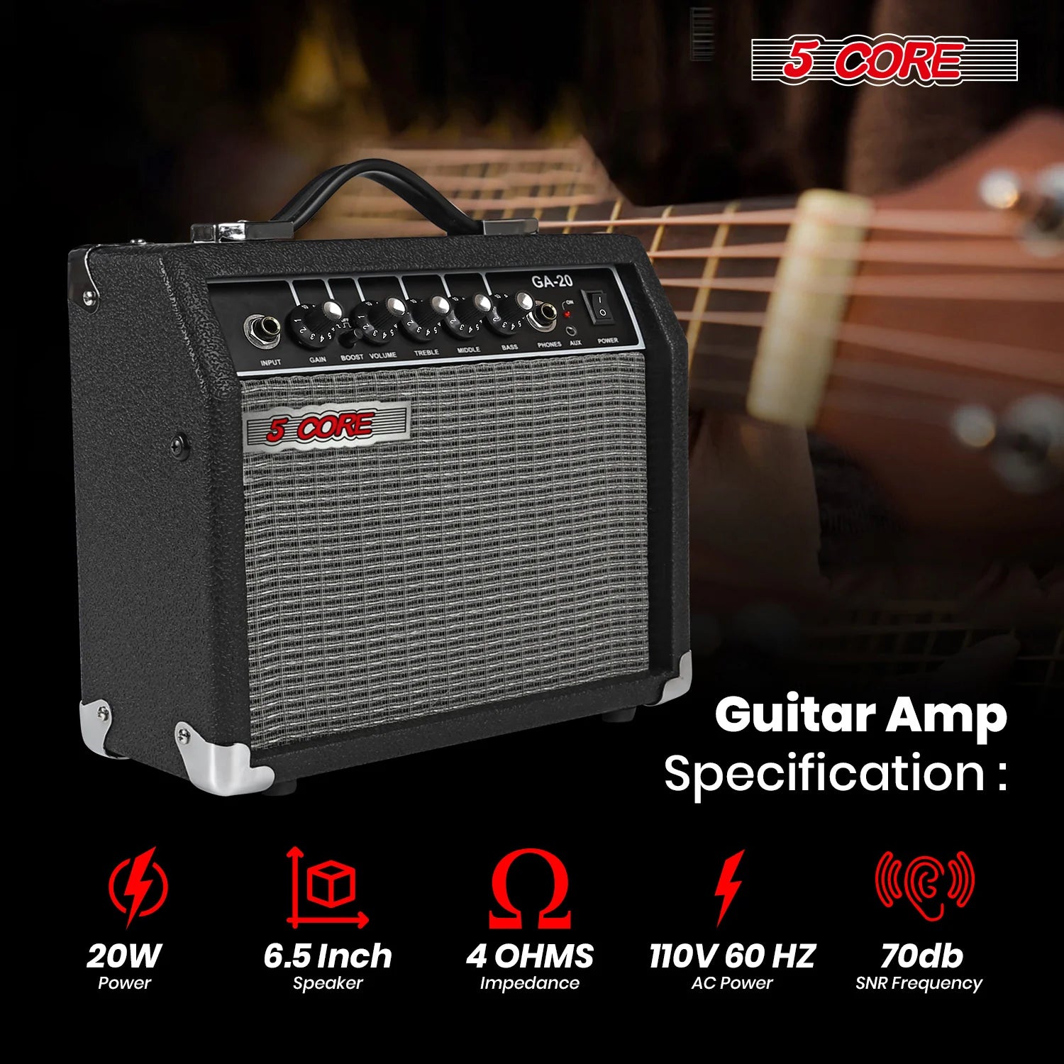 5 Core Guitar Amp 20W Electric Bass Acoustic Portable Amplifier Practice Amplificador