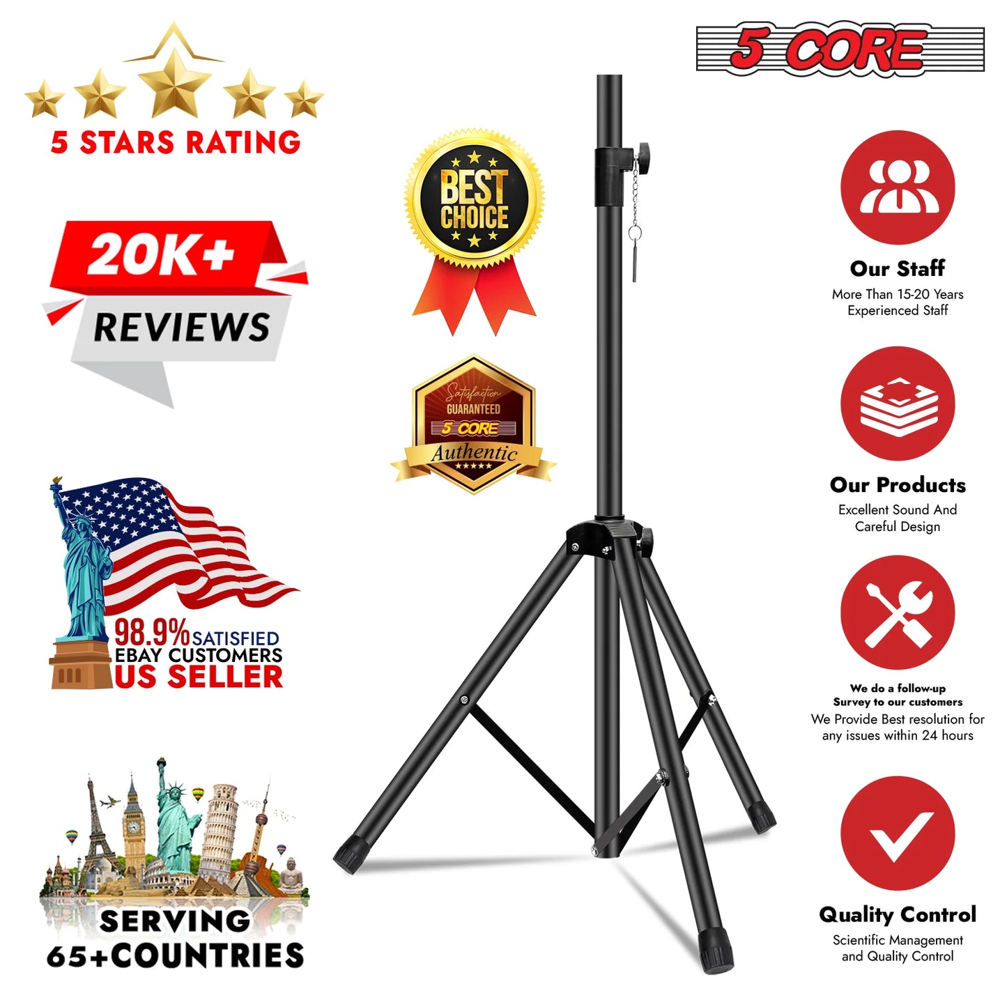 5 Core Speaker Stand Tripod Heavy Duty Adjustable up to 72 Inch DJ Studio Monitor Stands Pole Mount Black