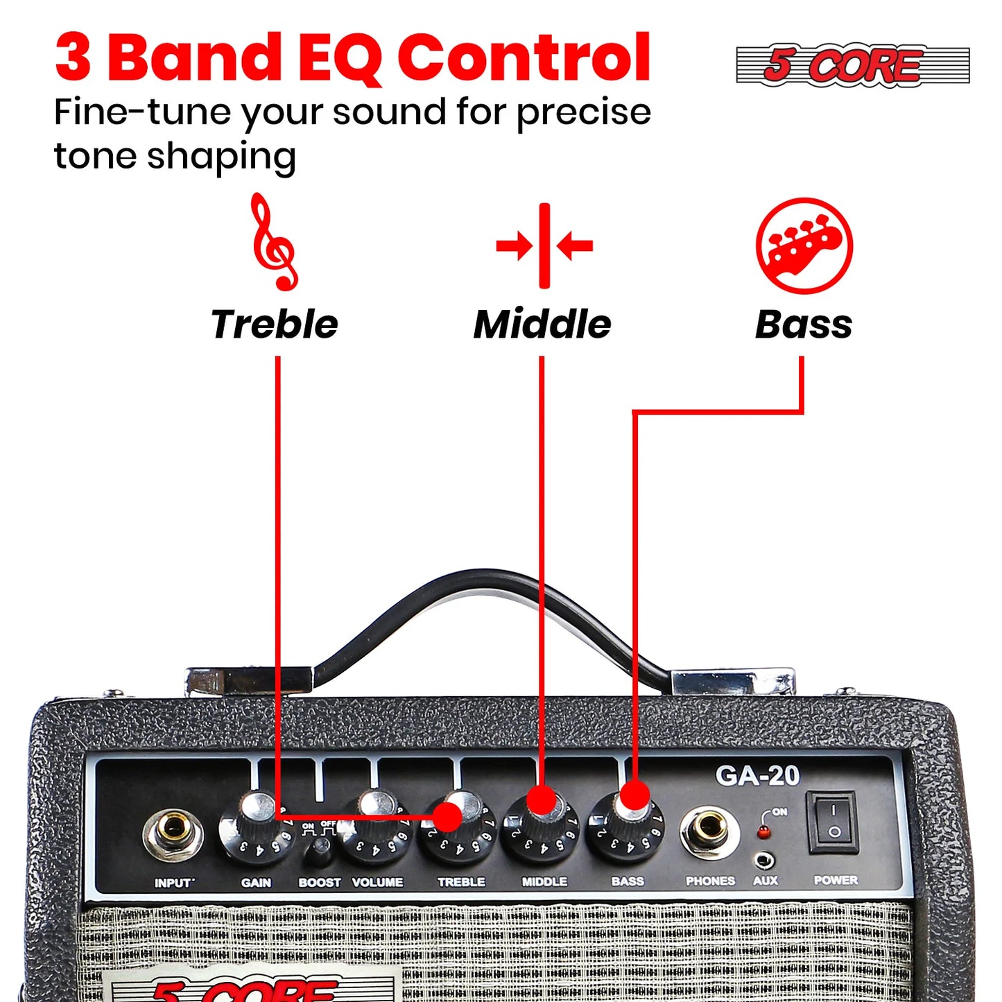 5 Core Guitar Amp 20W Electric Bass Acoustic Portable Amplifier Practice Amplificador
