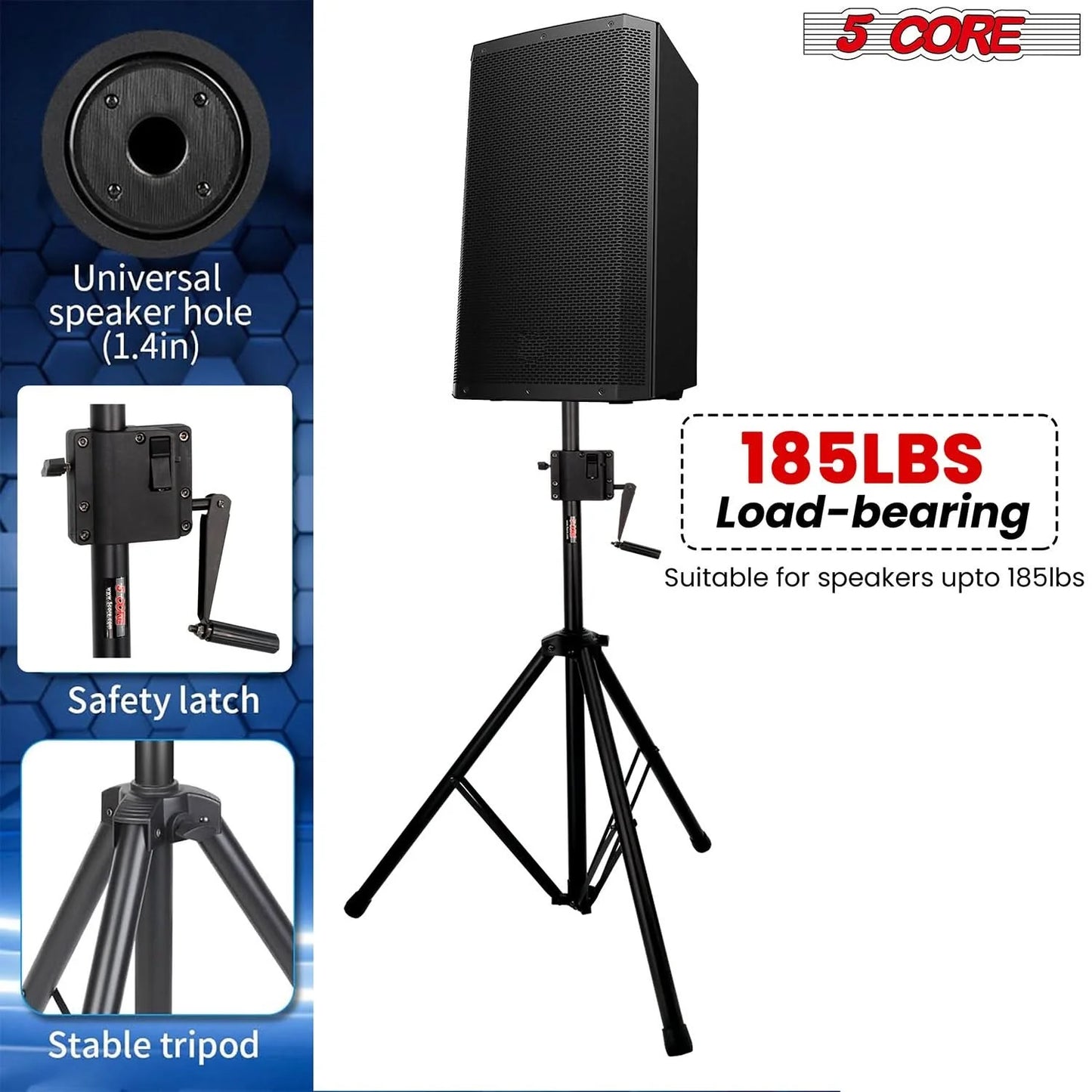 5 Core Speaker Stand Tripod Tall Crank up Height Adjustable Heavy Duty Floor Stands 35Mm PA Pole Mount