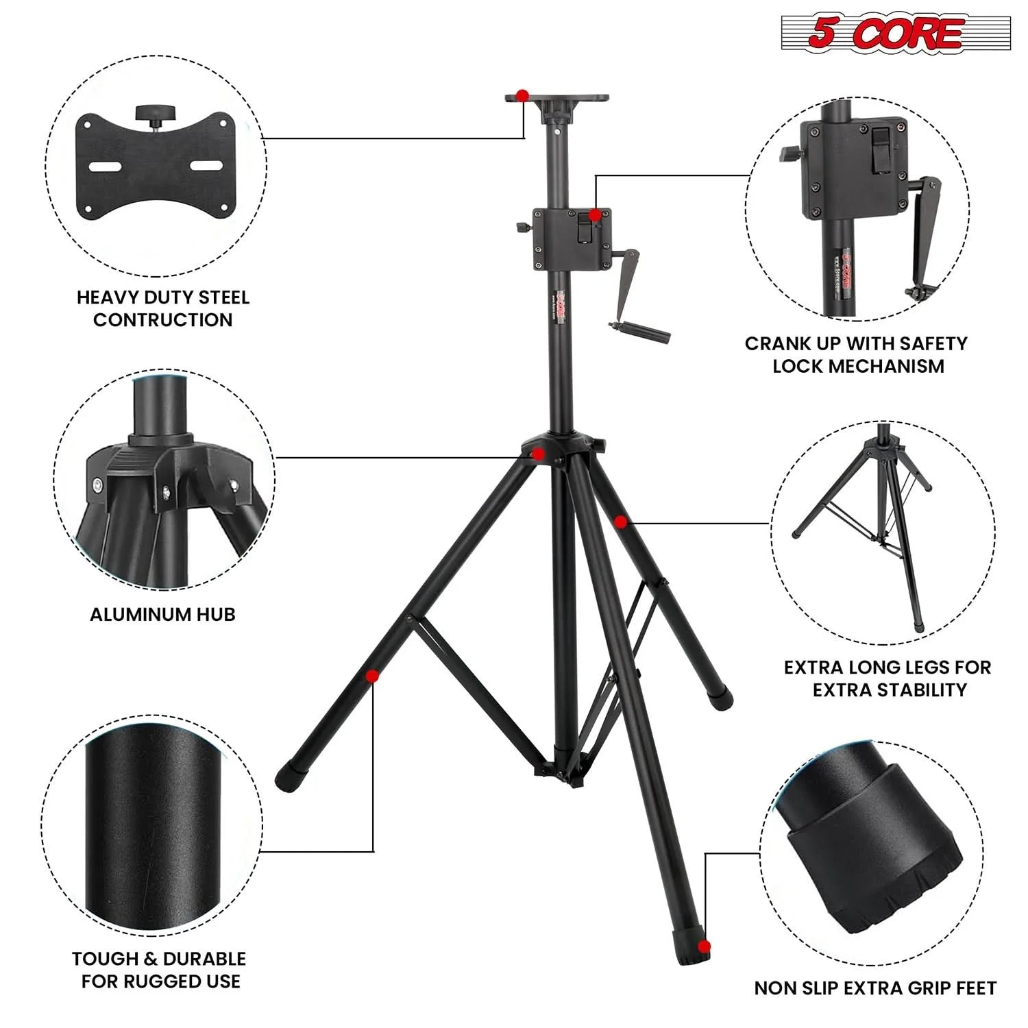5 Core Speaker Stand Tripod Tall Crank up Height Adjustable Heavy Duty Floor Stands 35Mm PA Pole Mount