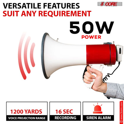 5Core Megaphone Bullhorn Speaker 50W Bull Horn Cheer Megafono 1200 Yards