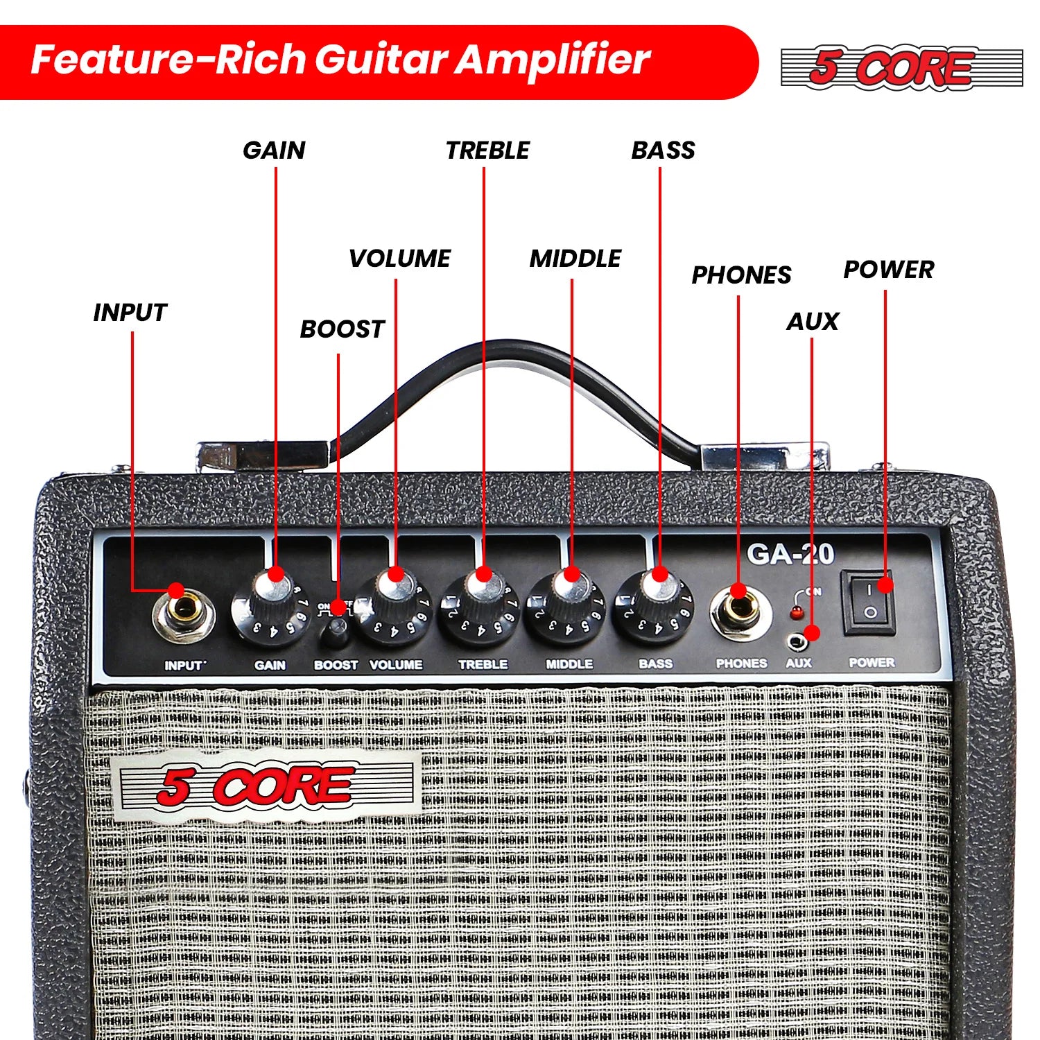 5 Core Guitar Amp 20W Electric Bass Acoustic Portable Amplifier Practice Amplificador