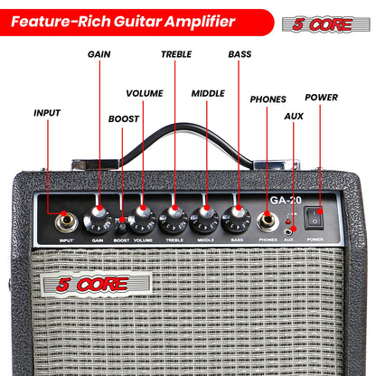 5 Core Guitar Amp 20W Electric Bass Acoustic Portable Amplifier Practice Amplificador