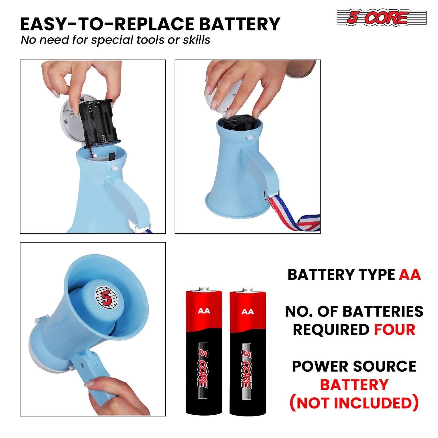 5 Core Megaphone Bullhorn Speaker 15W Mini Battery Power Bull Horn W Siren 400 Yard Range SKY BLUE