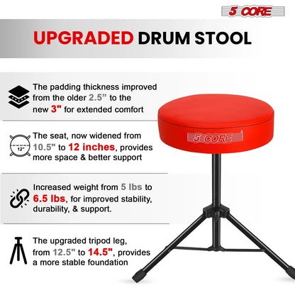 5Core Drum Throne Adjustable Guitar Stool 3" Padded Drummer Seat for Adults & Kids