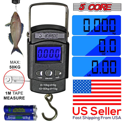 5Core Digital Fishing Scale 110Lb/50Kg Hanging Luggage Weighing Scales W Measuring Tape
