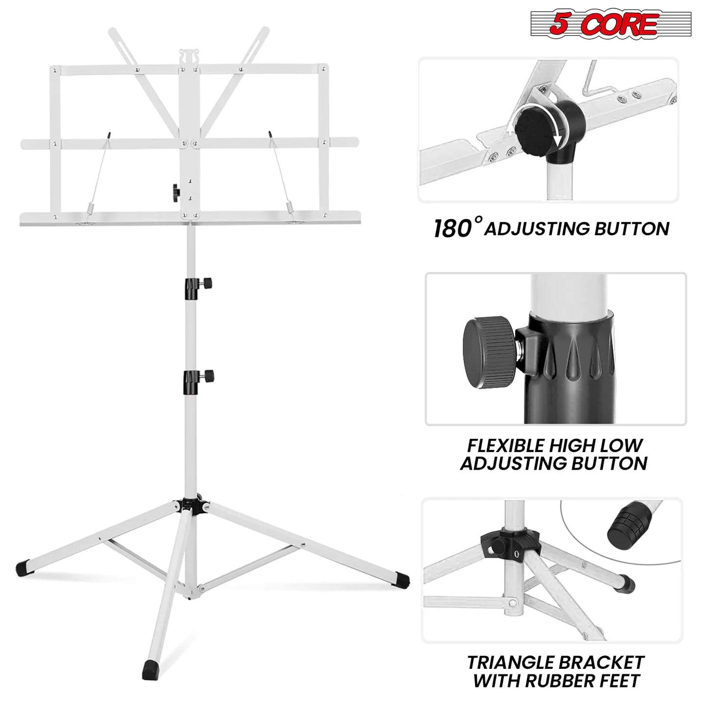 5Core Music Stand for Sheet Music Portable Tripod Adjustable Folding Note Holder WHITE
